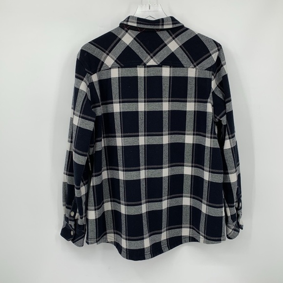 Orvis Fleece lined shirt top shacket navy blue white plaid warm Snap pockets XXL - Picture 3 of 5